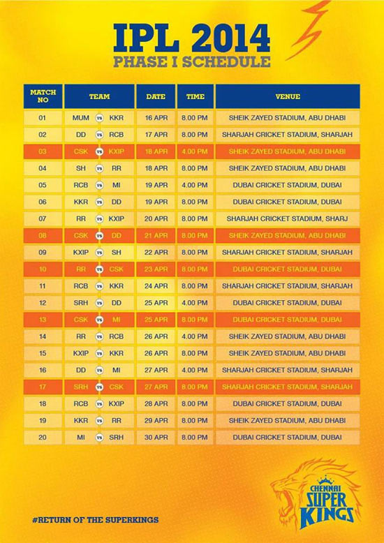 Live Chennai IPL 2014 CSK First Slot Schedule in UAE,IPL 2014, IPL